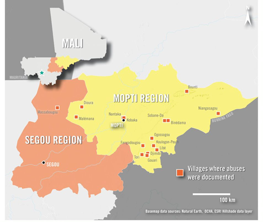 Kaart met enkele van de dorpen waar sinds 2018 ernstige misdaden zijn gepleegd © Amnesty International
